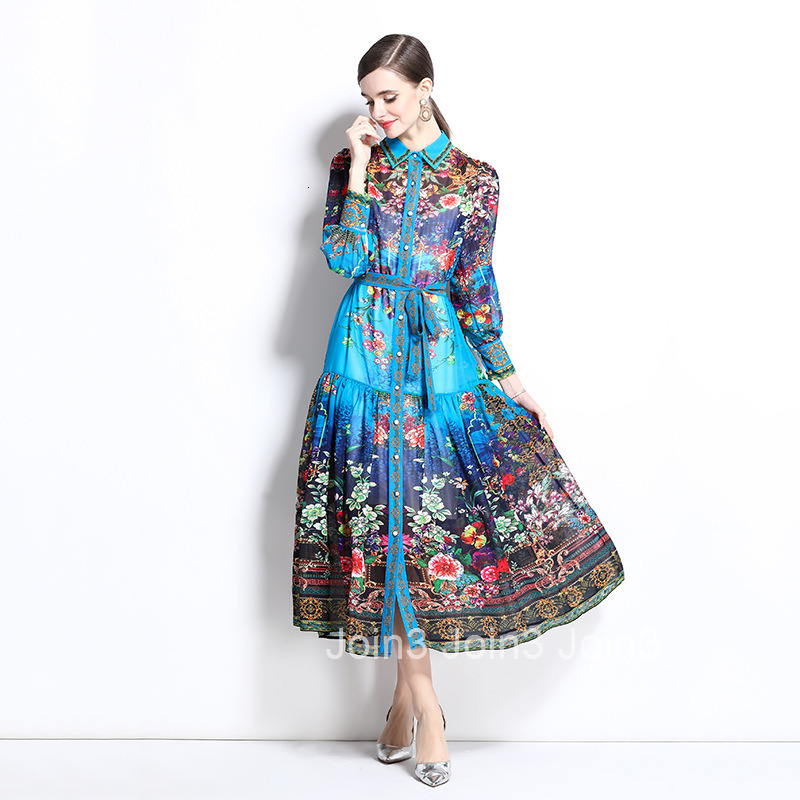 1242 Spring/Summer New Chiffon Collar Lantern Sleeve Printed Dress Long Skirt