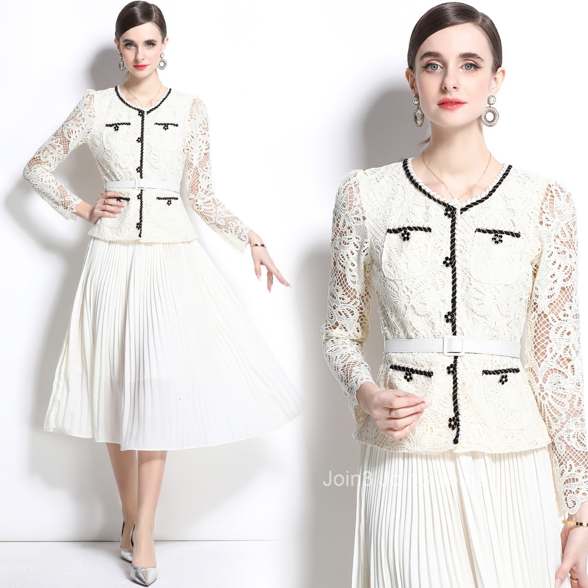 1680 Spring and Autumn New Womens Clothing Style Fashionable Fake Two piece Lace Hook Flower Long Sleeve pleated Dress