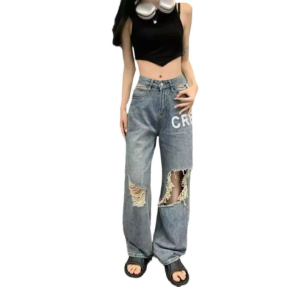 Ripped Jeans for Women, Thin Style, Ins Trend, Summer 2024 New Design, Unique High-Waisted Wide-Leg Floor-Length Pants