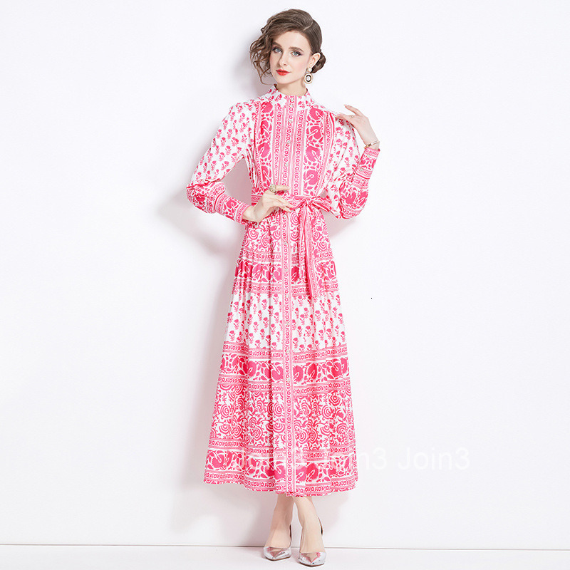 9885 Spring and Autumn New Womens Fashion Elegance Style Stand Collar Single-Breasted Printed Dress