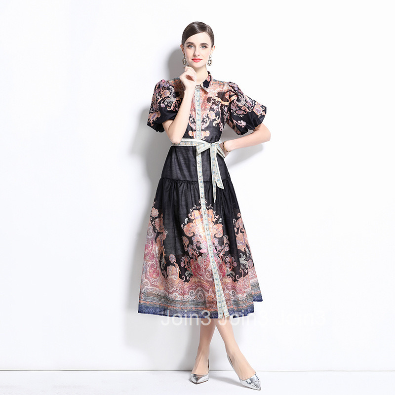 1235 spring/summer new style lapel slim fit bubble sleeve printed two-piece dress