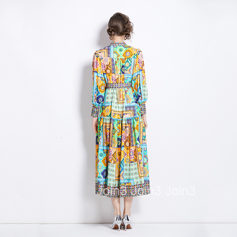 1212 Spring and Autumn New Cotton Linen Stand Collar Lantern Sleeve Printed Long Dress