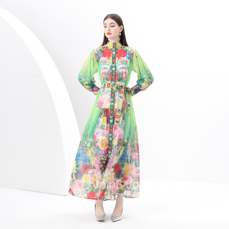 6160 Early Spring New Womens Stand up Collar Lantern Sleeve Large Swing Long Dress Printed Dress Two Piece Set