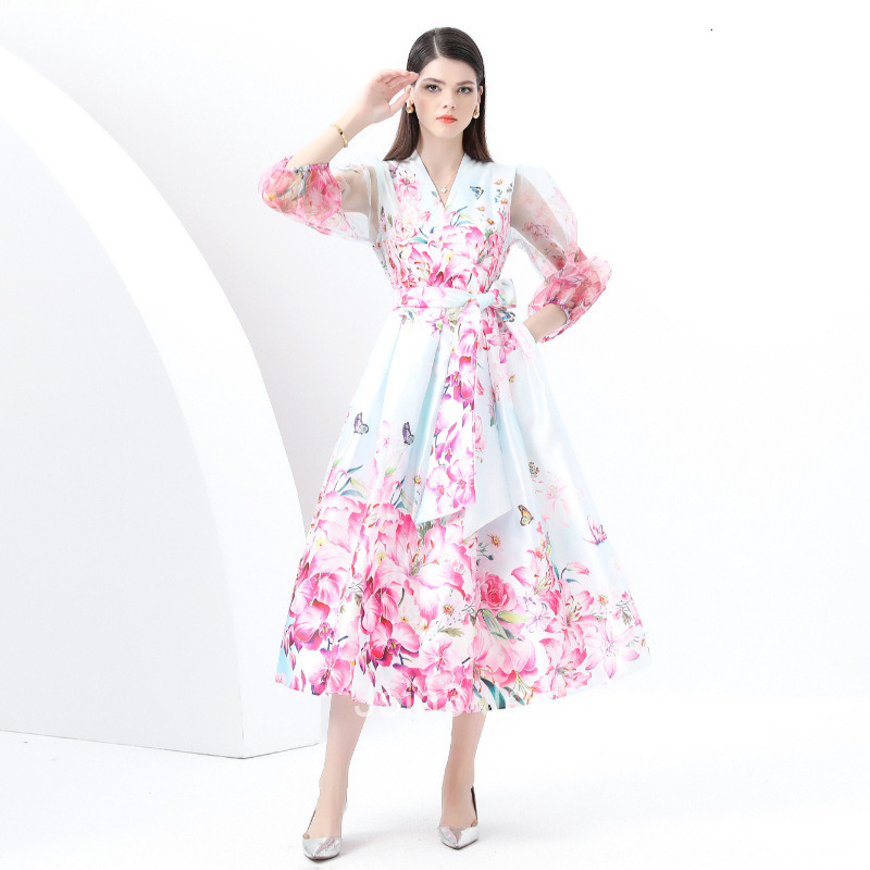 6081 Early Spring New Womens Vacation Wrap Tie V-neck Lantern Sleeve Long Dress Printed Dress