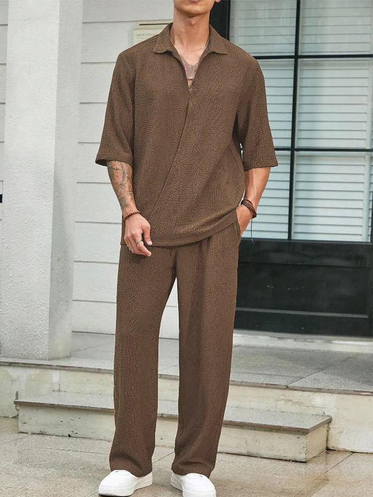 Summer Fashion Textured Outfits For Men Casual Breathable Shirt And Trousers Two Pieces Sets Mens Leisure Solid Color Suits 250715