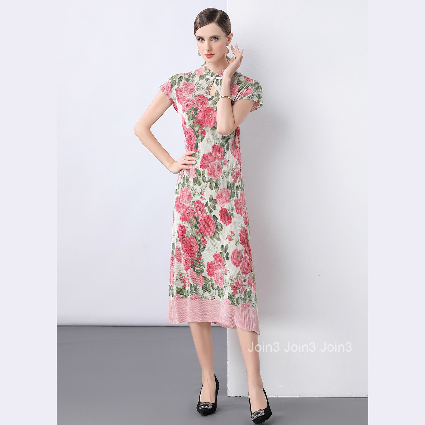 9911 Direct Sales Miyake Pleated Gold Spray Cheongsam Dress