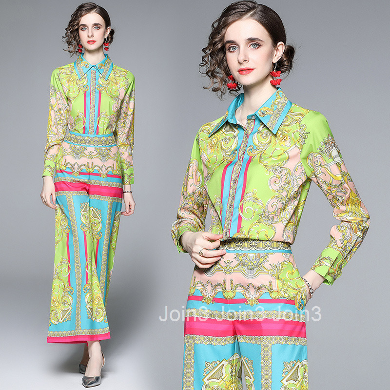 1017 runway style printed lapel long sleeved shirt high waist wide leg pants stylish set