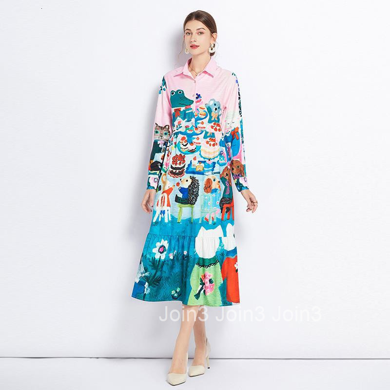 8463 Summer Autumn New Womens Fashion Printed Turn-Down Collar Long Sleeve Flared Long Dress
