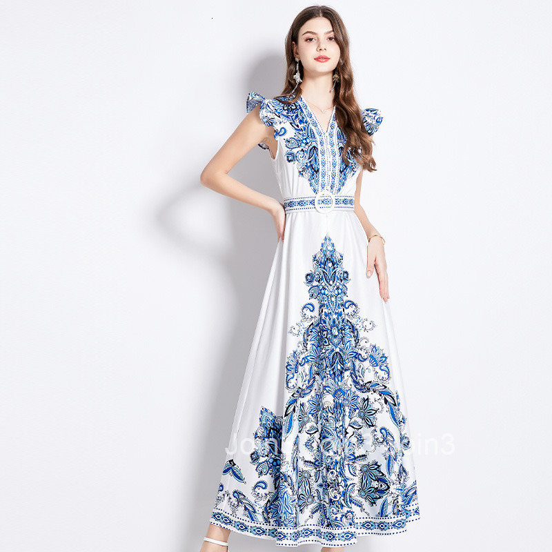 2518 Spring Summer New Womens Ethnic Style Elegant Printed Small Flutter Sleeve Flared Long Dress