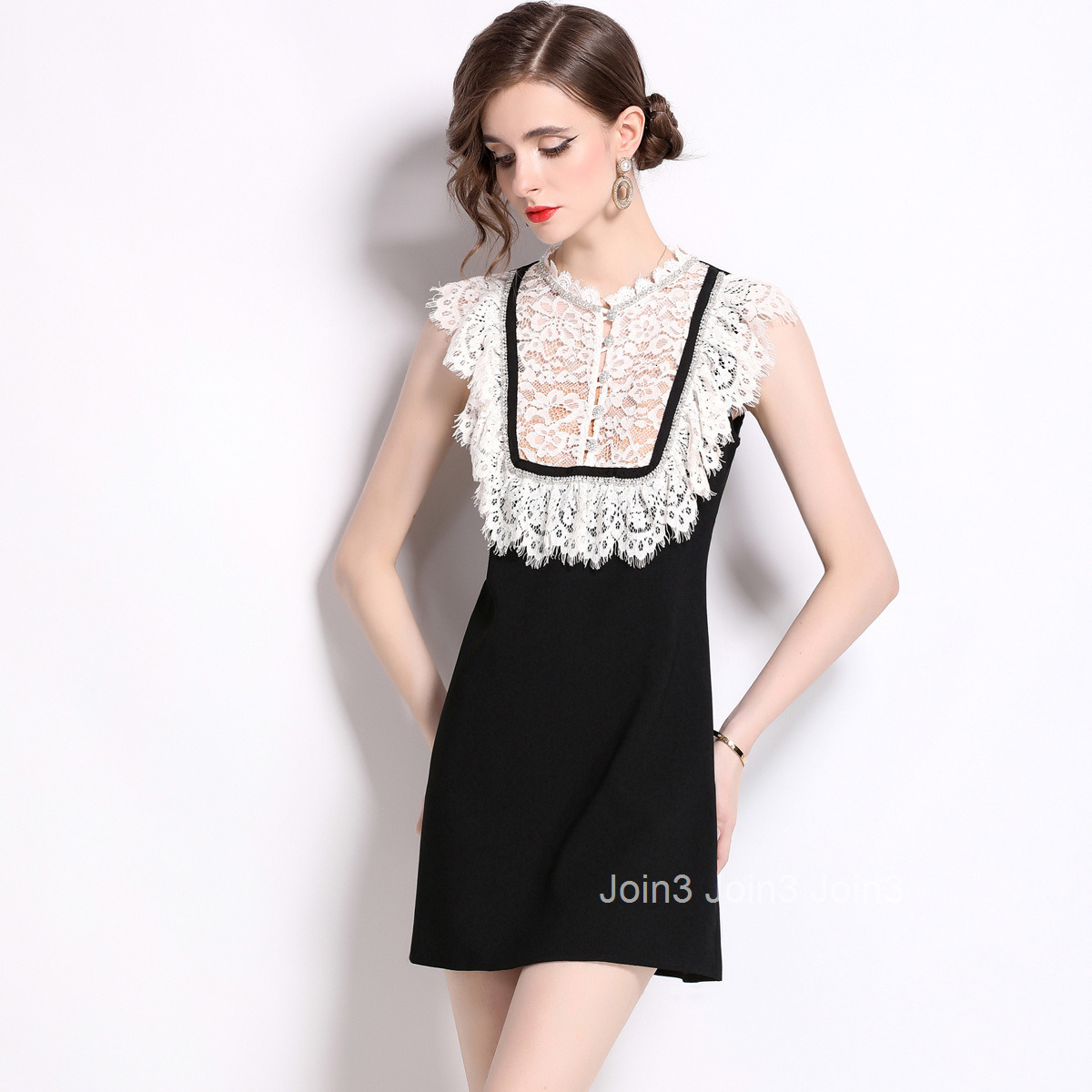 6870 Summer New Womens Fashion Elegant Rhinestone Dress Lace Patchwork Slim Fit Little Black Dress
