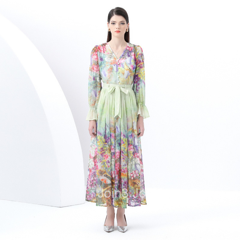 6079 Early Spring New Womens Fashion Elegant V-neck Lantern Sleeve Long Dress Printed Dress Three-piece Set