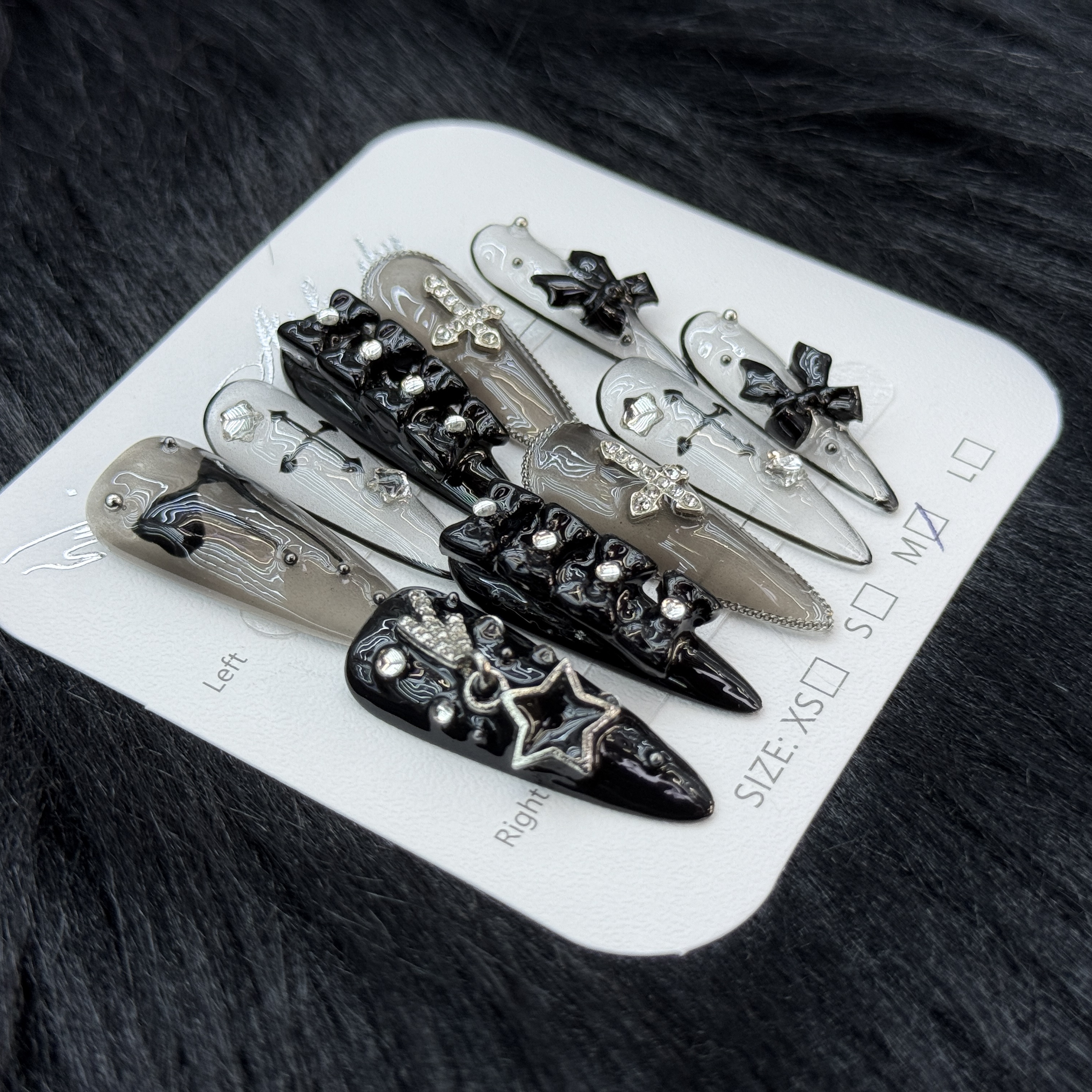 False Nails 10pcs Long Coffin Black White Grey Cross Bow Skull Rhinestone Detachable Full Cover Press On DIY Handmade press on nails