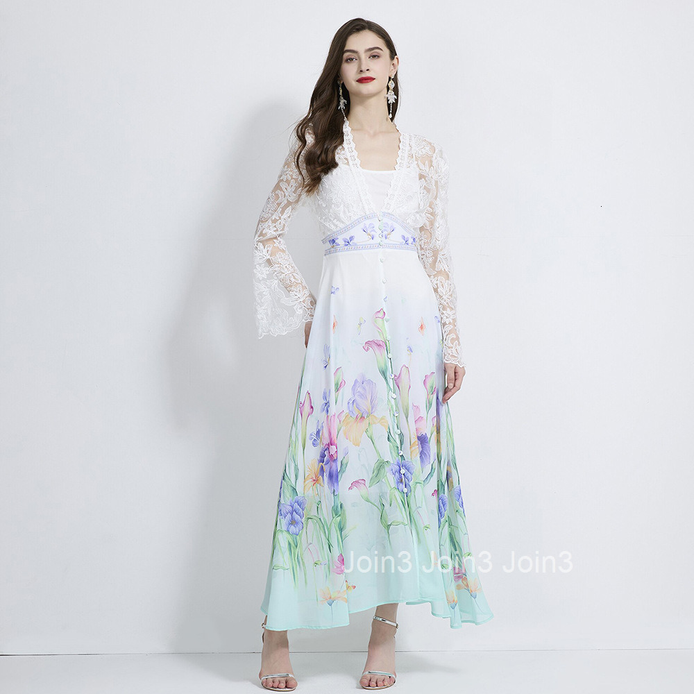 2105 Autumn New Womens Vacation Style V-Neck Flared Sleeve Lace Patchwork Printed Dress Two-Piece Set