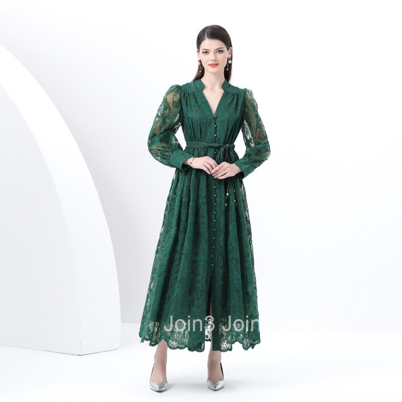 6280 Early Spring New Womens Elegance Style V-neck Lantern Sleeve Embroidered Large Hem Long Dress