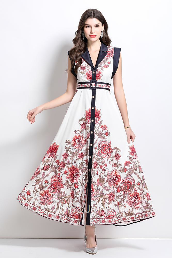 2645 Spring/Summer New Womens Clothing Style Elegance Style Printed Slim fit Large Swing Long Dress
