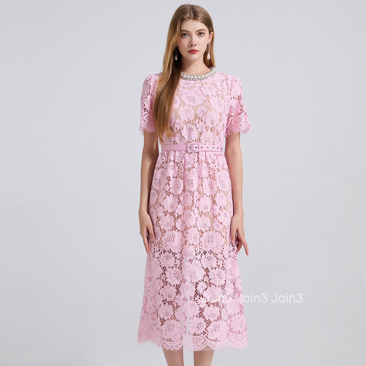 796 Pink Lace Round Neck Rhinestone High Waist Slim Fit Dress Bodycon Eyelash Dress