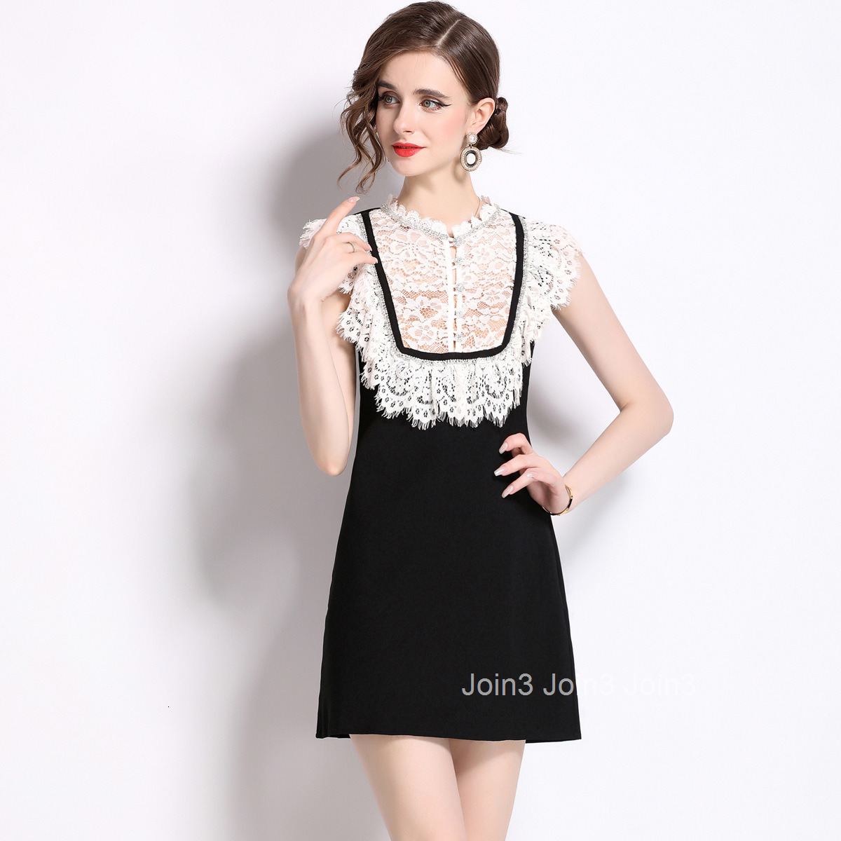 6870 Summer New Womens Fashion Elegant Rhinestone Dress Lace Patchwork Slim Fit Little Black Dress