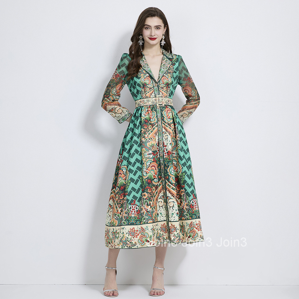 2098 Autumn New Womens Vacation Style Suit Collar Printed Long Sleeve Waist-Cinching Long Dress