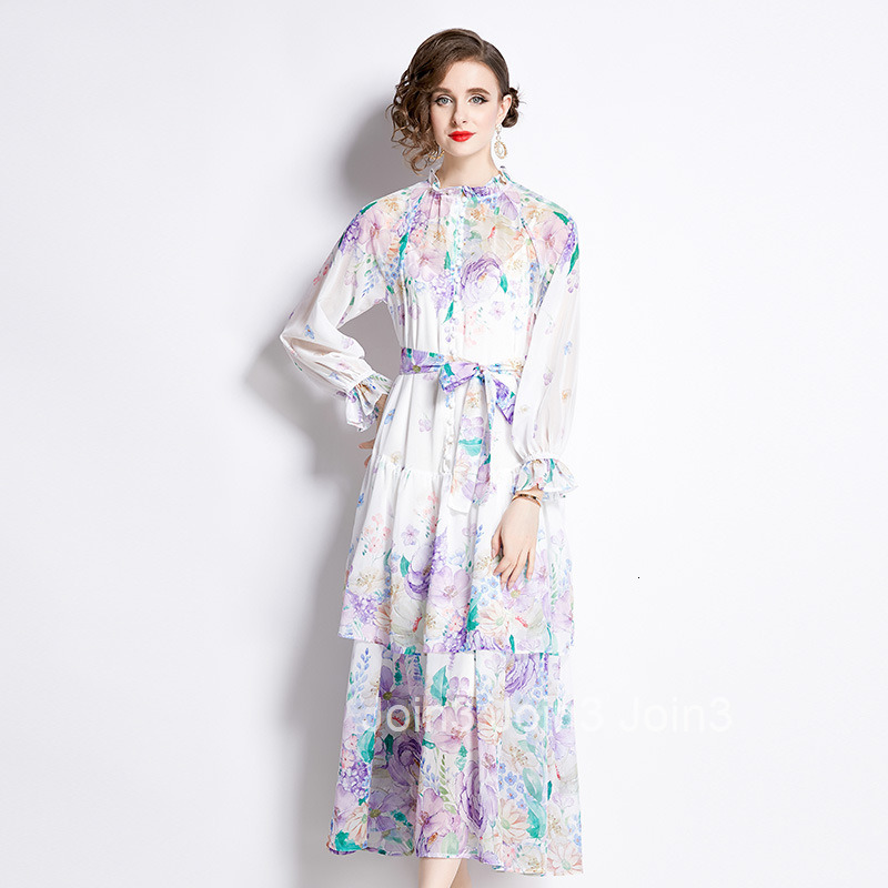 2492 Spring Summer New Womens Fashion Elegant Long Sleeve Ruffled Floral Colorful Waist-Cinching Cake Long Dress