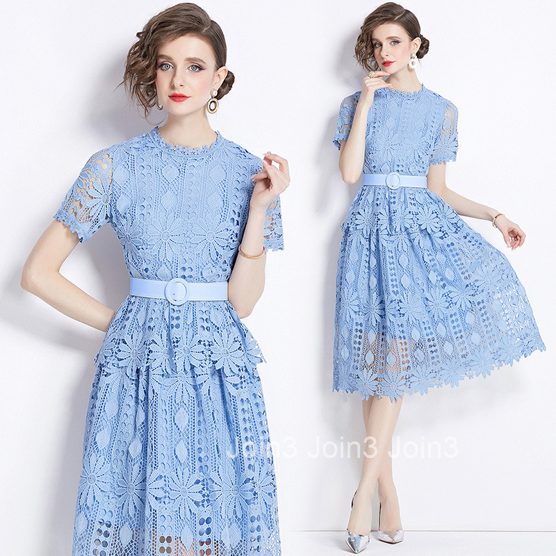 529 Summer New Womens Clothing Style Fashionable and Skinny Hollow out Water soluble Lace Short Sleeve Medium length Dress