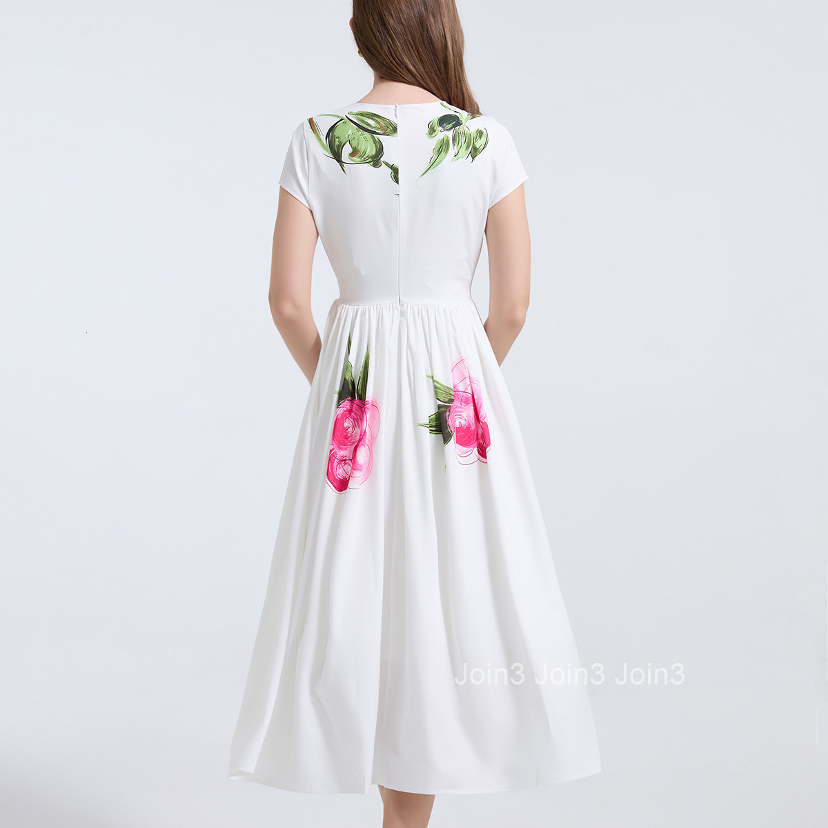 754 Pink Floral Waist-Cinching Slimming Flared Dress Elegant and Youthful Short Sleeve Dress