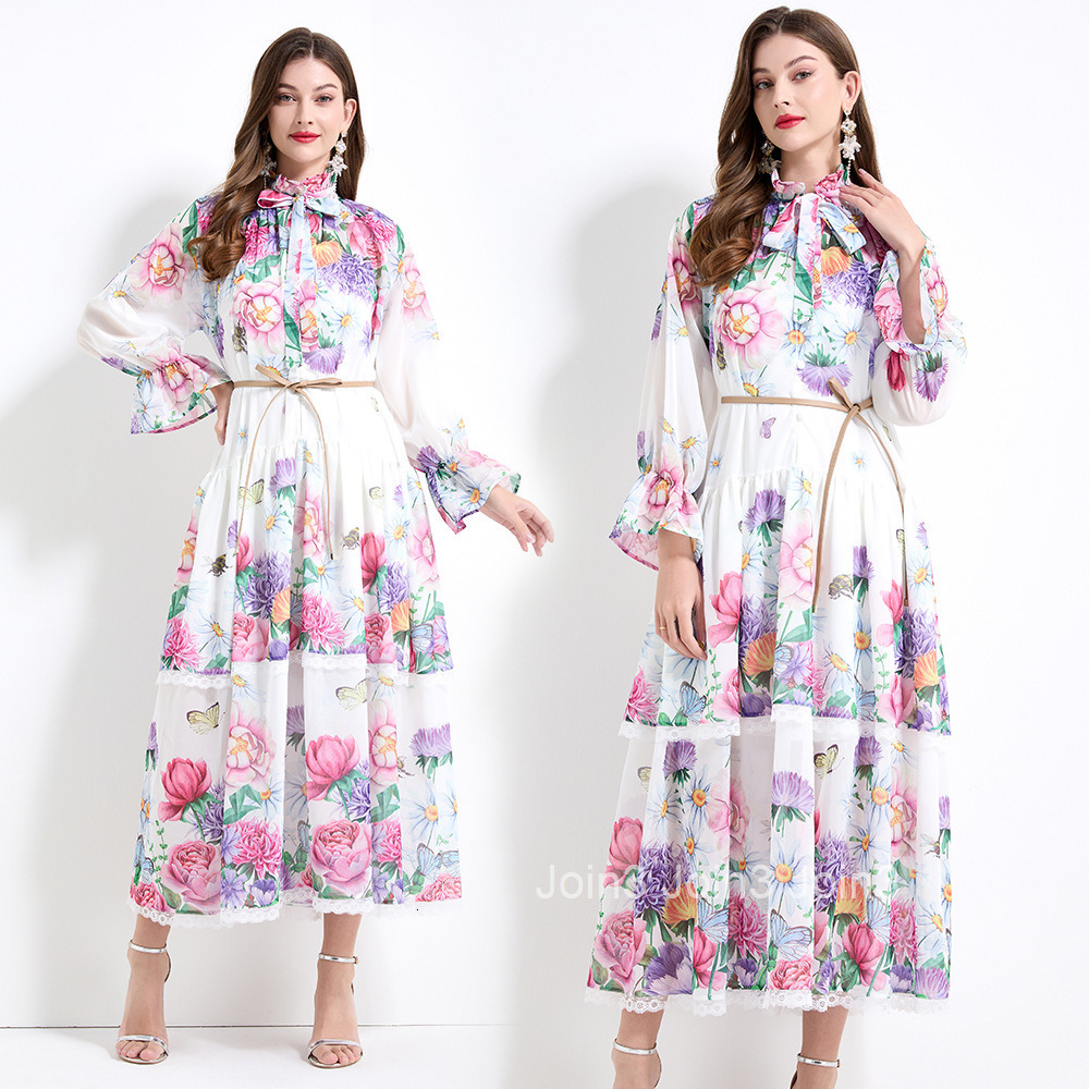 2170 Spring New Womens Fashion Elegant Vacation Style Lace Cake Dress Printed Waist-Cinching Long Dress - Two-Piece Set