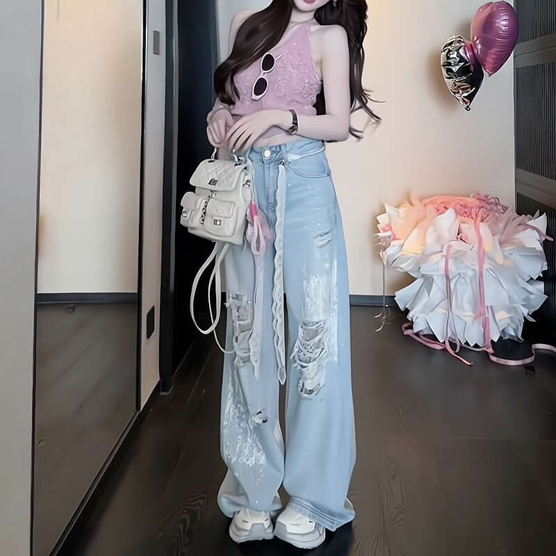 5332 Brother Hao's Strict SelectionMillennial Lazy Pants C5NZK0716A Jeans Pre-Slimming High Waist Straight Leg