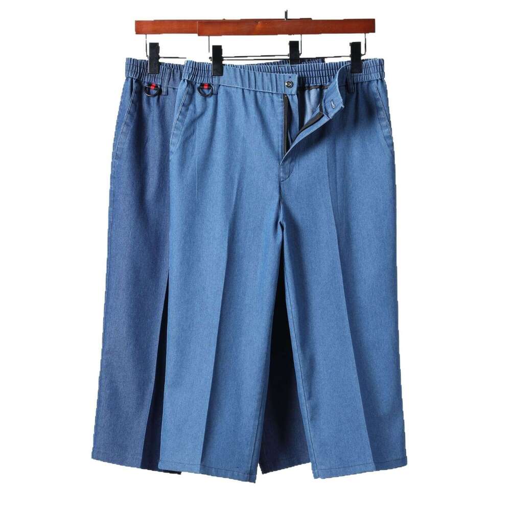 Men's Jeans Cropped Pants Summer High Waist Straight Elastic Thin Shorts Middle-aged Loose Denim Breeches