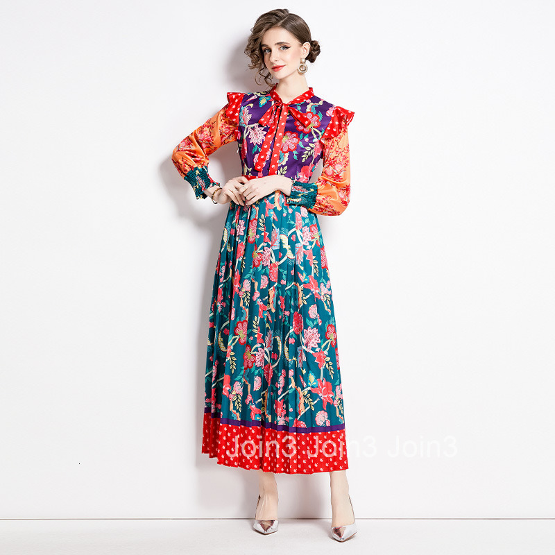 2480 Spring and Autumn New Womens Ethnic Style Elegant Printed Tie Long Sleeve Flared Long Dress