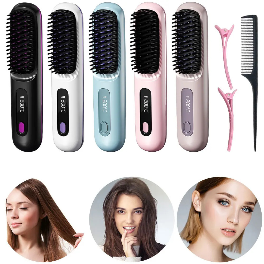 Cordless Hair Straightener Brush Anti-Scald Hair Straightening Comb 3 Temp Settings Electric Comb for All Hair Types 250717