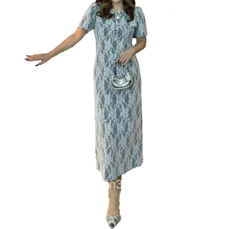 8819 Style Collar Dress Heavy Lace Composite Waist Slimming Bodycon Long Dress