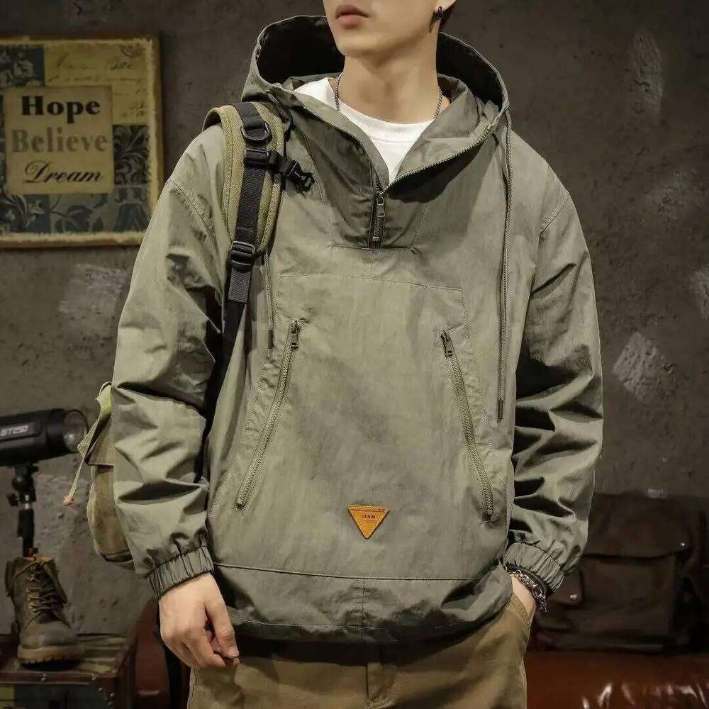 Big Size Zip-Up Hoodie Men Jacket Sweatshirt Military Windbreaker Haruku Hooded Pullover Vintage Long Sleeve Pockets Tops New