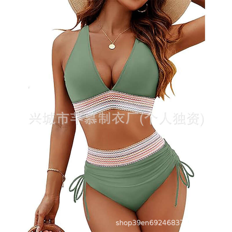 New Women's Swimsuit Two-Piece Sexy Bikini High Waist Tummy Control Halter Neck Tight-Fitting