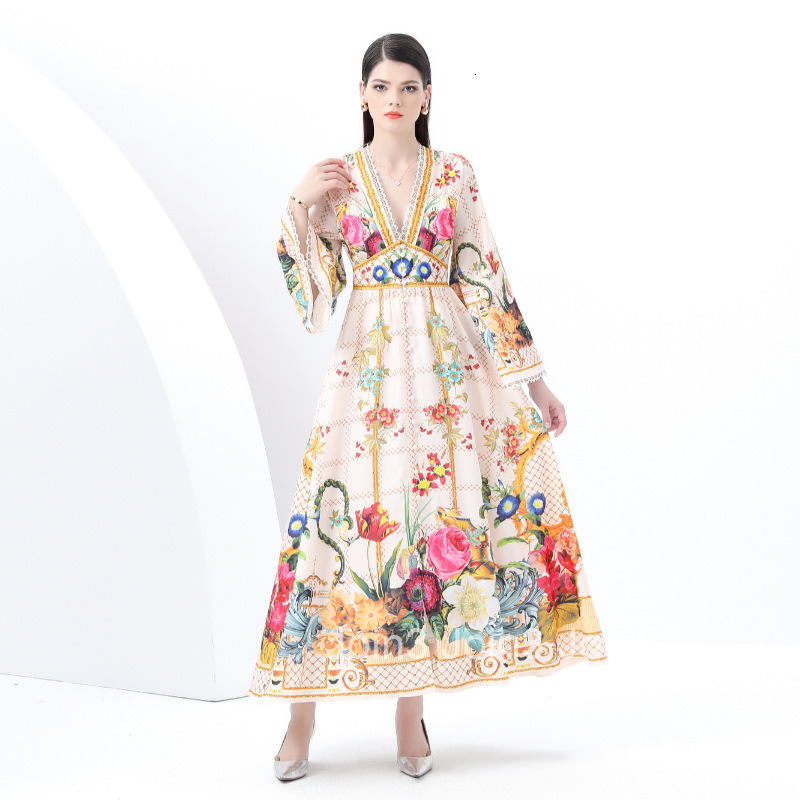 6085 Early Spring New Womens Deep V-Neck Flared Sleeve Large Hem Painted Print Long Dress