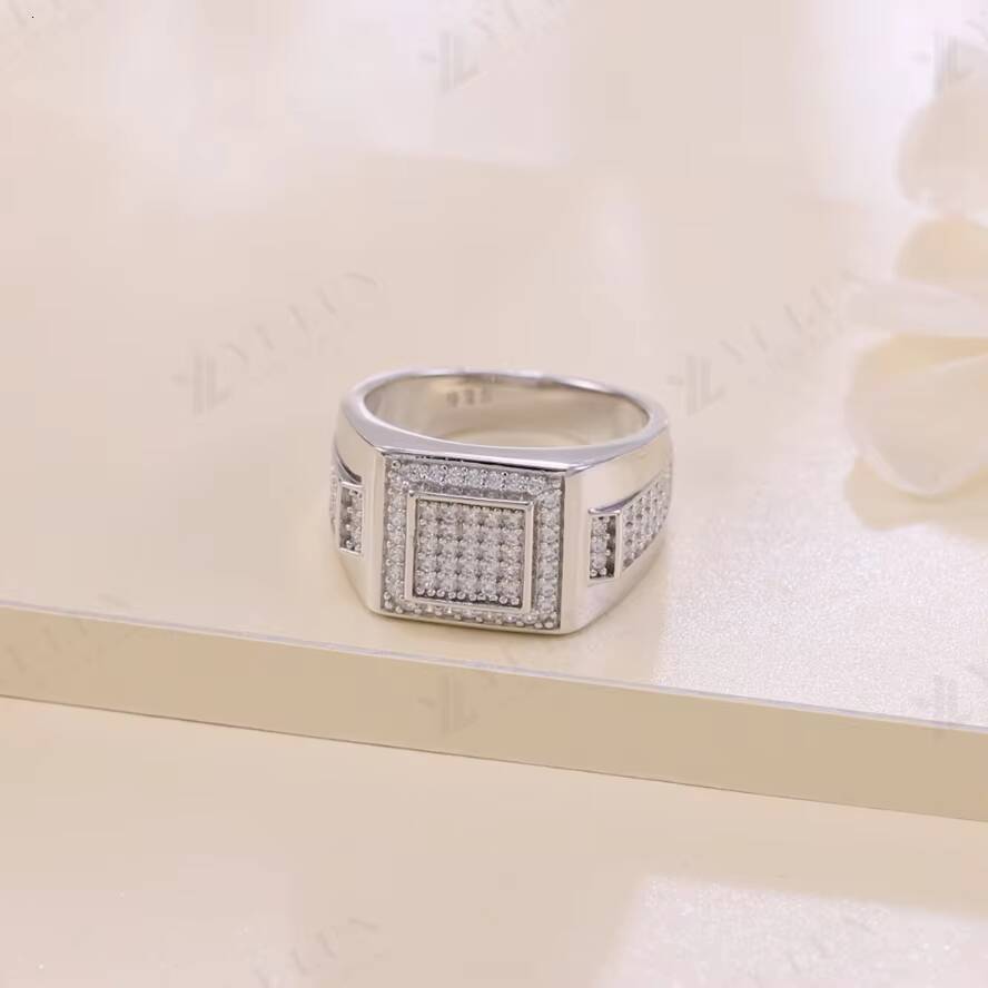 Hip Hop Mens Sterling Silver Square Moissanite Ring Luxury Design Micro Pave Setting Moissanite Men Ring Jewelry for Groomsmen