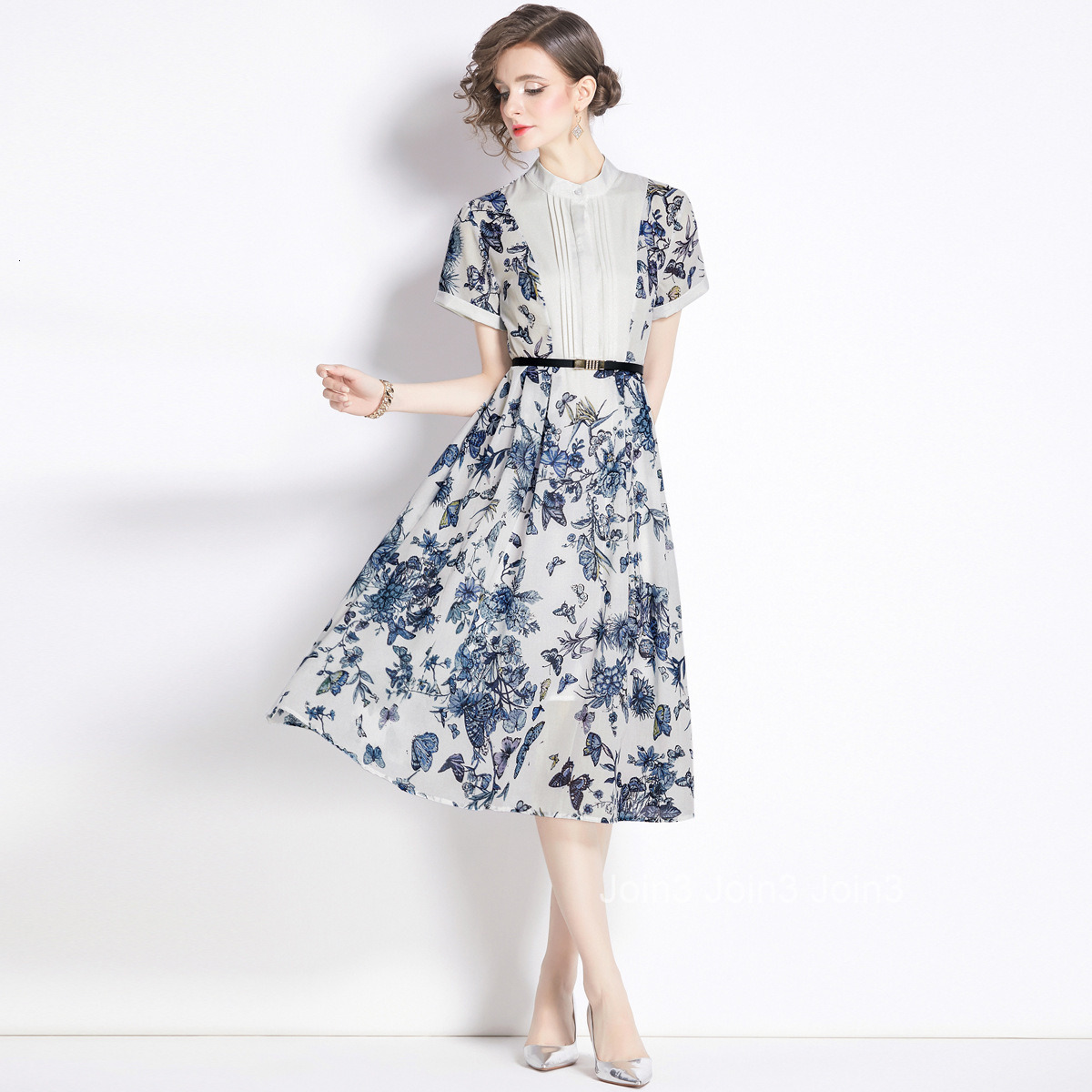 5814 Summer New Womens Clothing Stand Collar Printed Patchwork Ink Wash Dyed Large Hem Mid-Length Dress