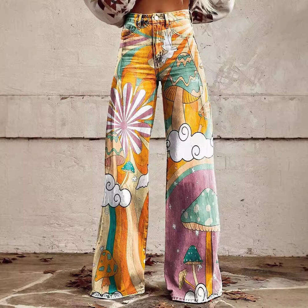 Xiyin Shopee 2024 New 3D Heat Transfer Flared Faux Denim Long Pants Loose Trousers