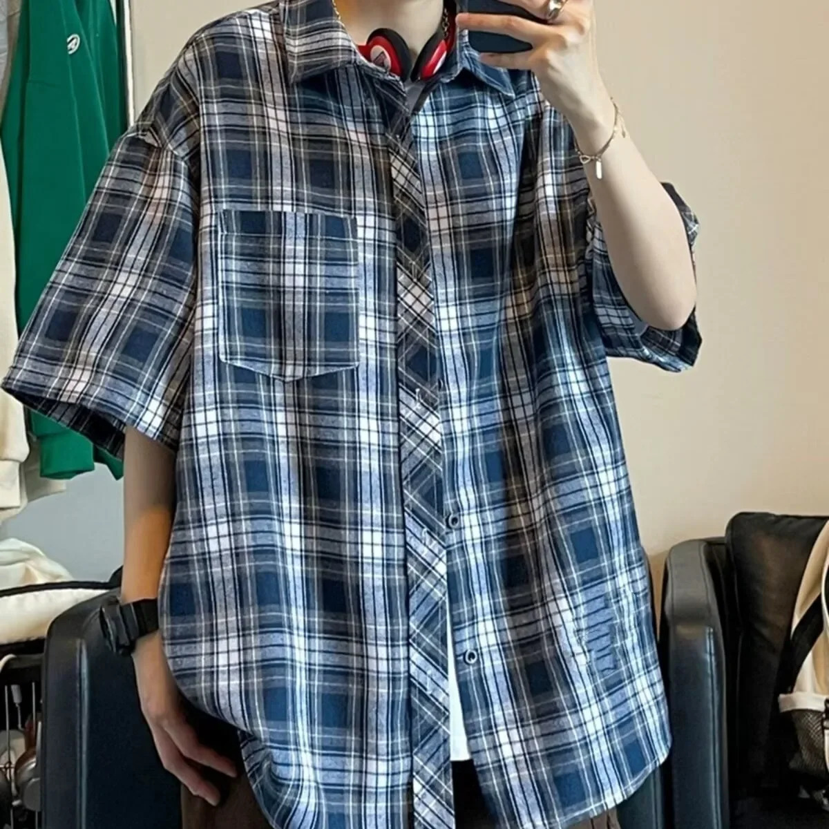 Casual Plaid Short Sleeve Shirt For Men Summer Japanese Vintage Loose Fit American Style Trendy Jacket 250717