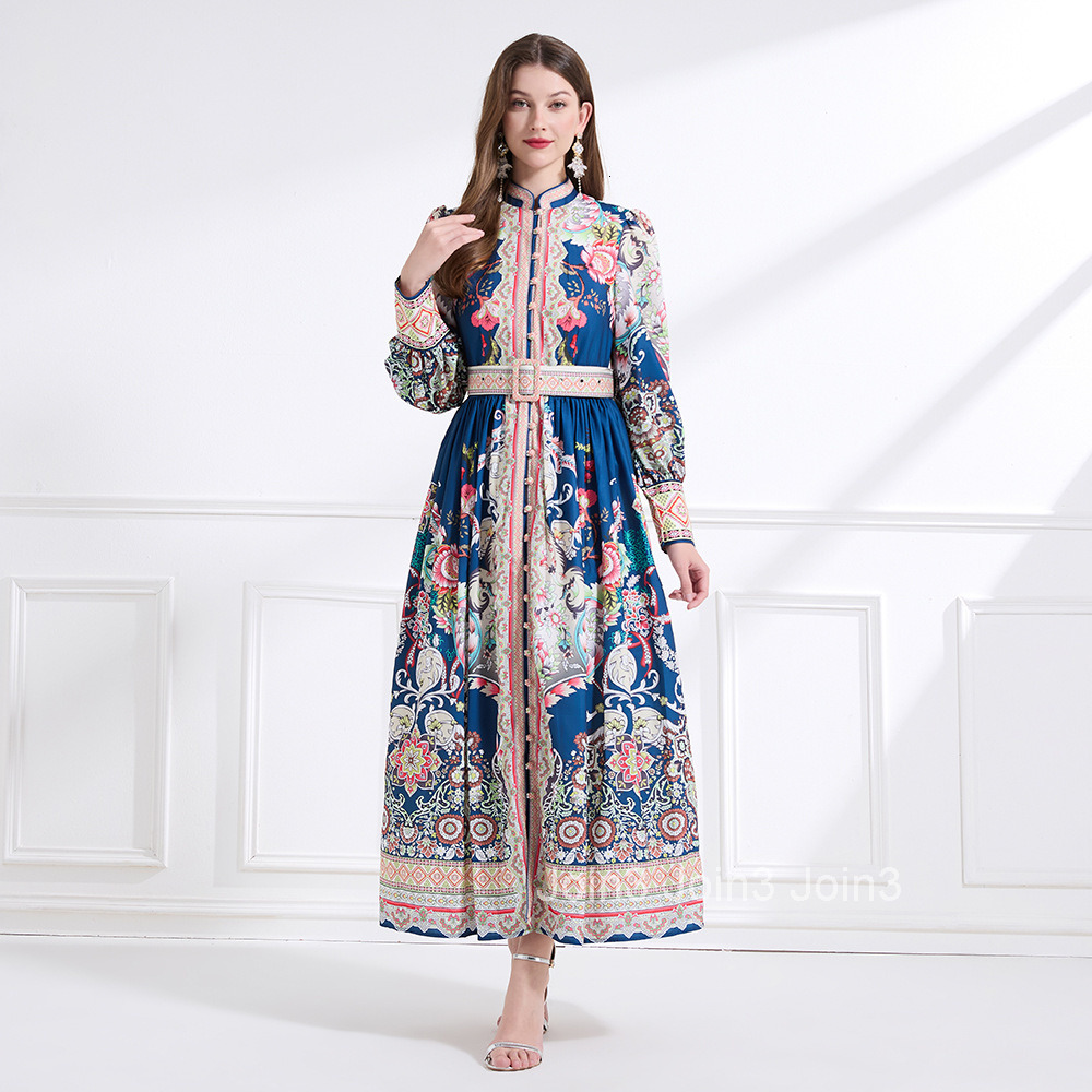 2175 Spring New Womens Clothing Elegance Style Stand Collar Printed Lantern Sleeve Long Dress