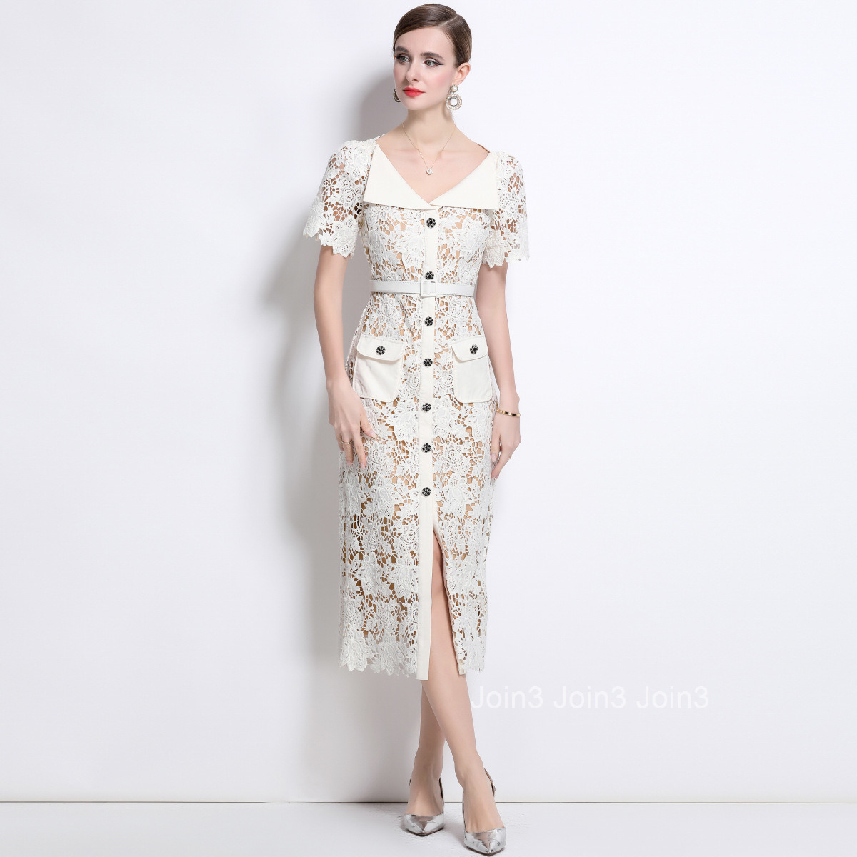 1695 Fairy Dress Three-Dimensional Jacquard Hollow Water-Soluble Lace Waist-Cinching Mid-Length Dress with Belt