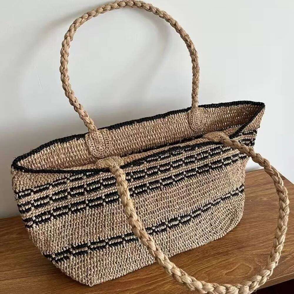 Summer Raffia Beach Handbag Striped Woven Shoulder Bags For Women Bohemianstraw Bag Tote Vacation Travel Shopper Purses NEW