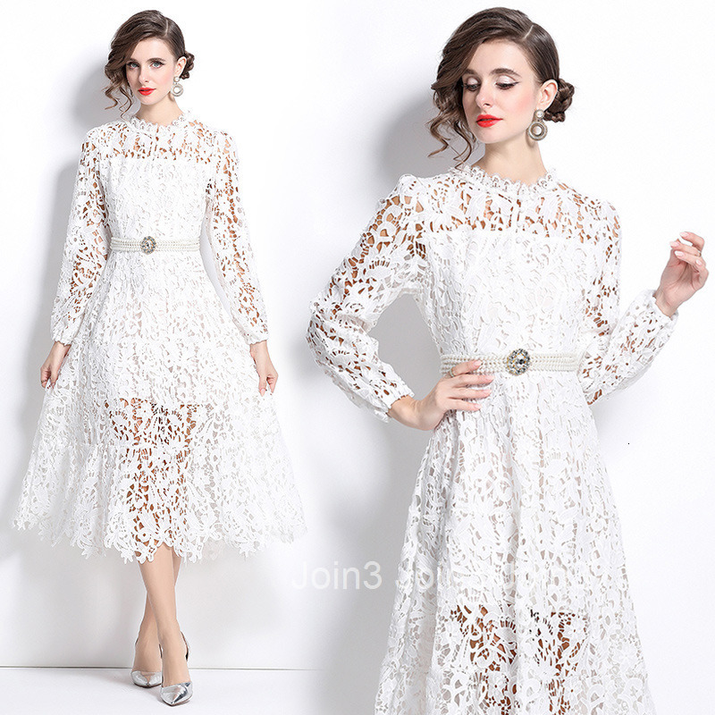 8561 Spring and Autumn New Womens Clothing Style Water soluble Lace Embroidery Hollow Hook Flower Waist Long Dress