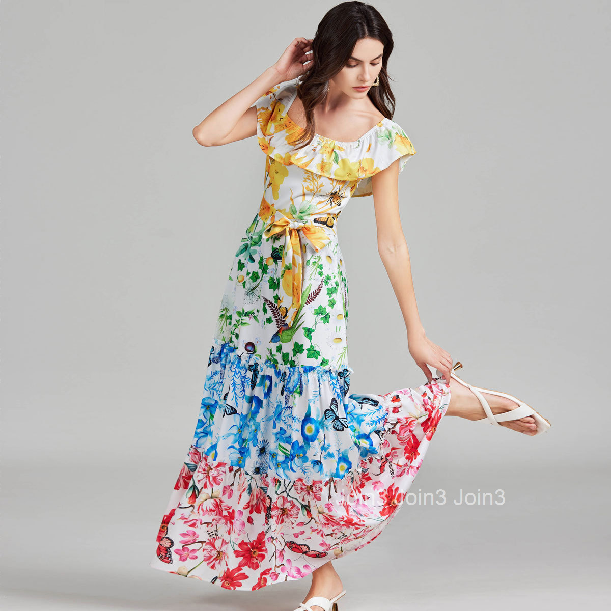 041 Summer New Womens Sexy Open Shoulder Lotus Leaf Edge One Shoulder Printed Large Swing Skirt Dress (Paired with)