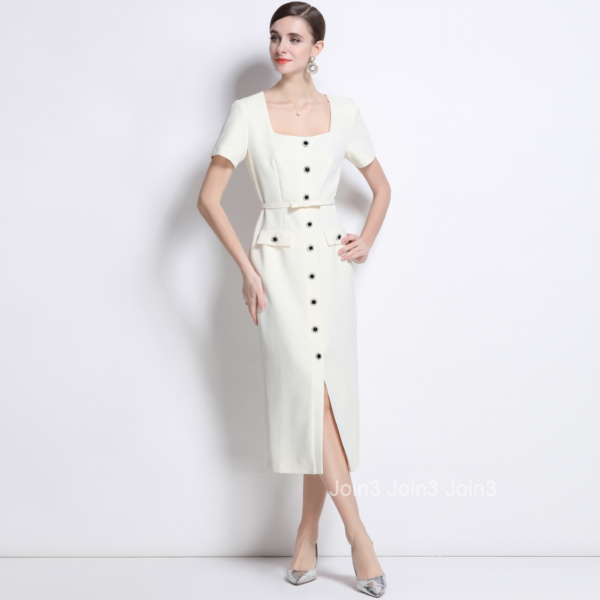 9614 Spring Summer New Womens Fashion Square Neck Short Sleeve Dress Slim Fit Dress with Belt