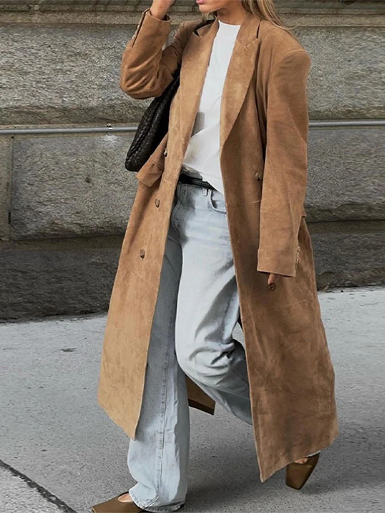 Elegant Suede Leather Women Long Windbreaker Coats Chic Lapel Double Breasted Lady Oversized Jackets Autumn Street Outwears 250716
