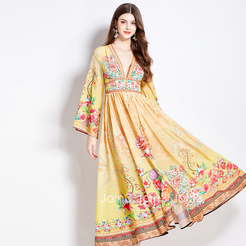 2537 Spring and Autumn New Womens Vacation Style Printed Elegant V-neck Long Sleeve Waist-cinching Flared Dress