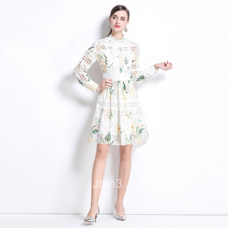 6961 Spring and Autumn New Womens Wear Elegant Hollow Hook Flower Embroidery Splicing Waist Collection Printed Dress A-line Skirt
