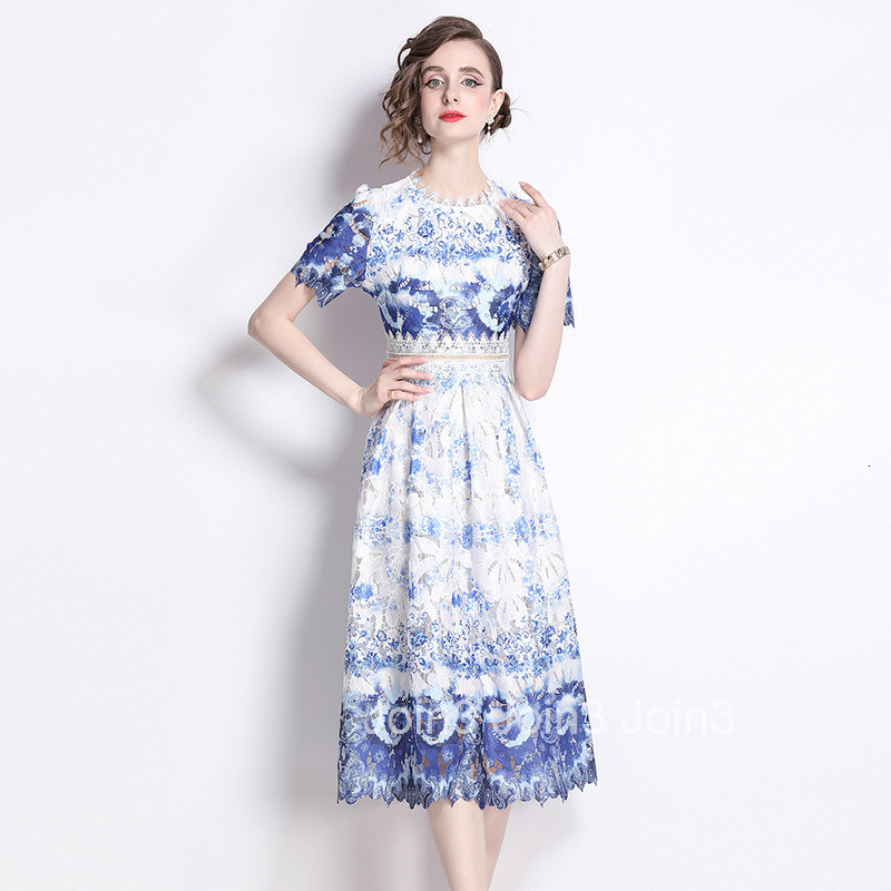 536 Summer New Womens Fashion Elegant Slim Hollow Water-Soluble Lace Printed Mid-Length Dress