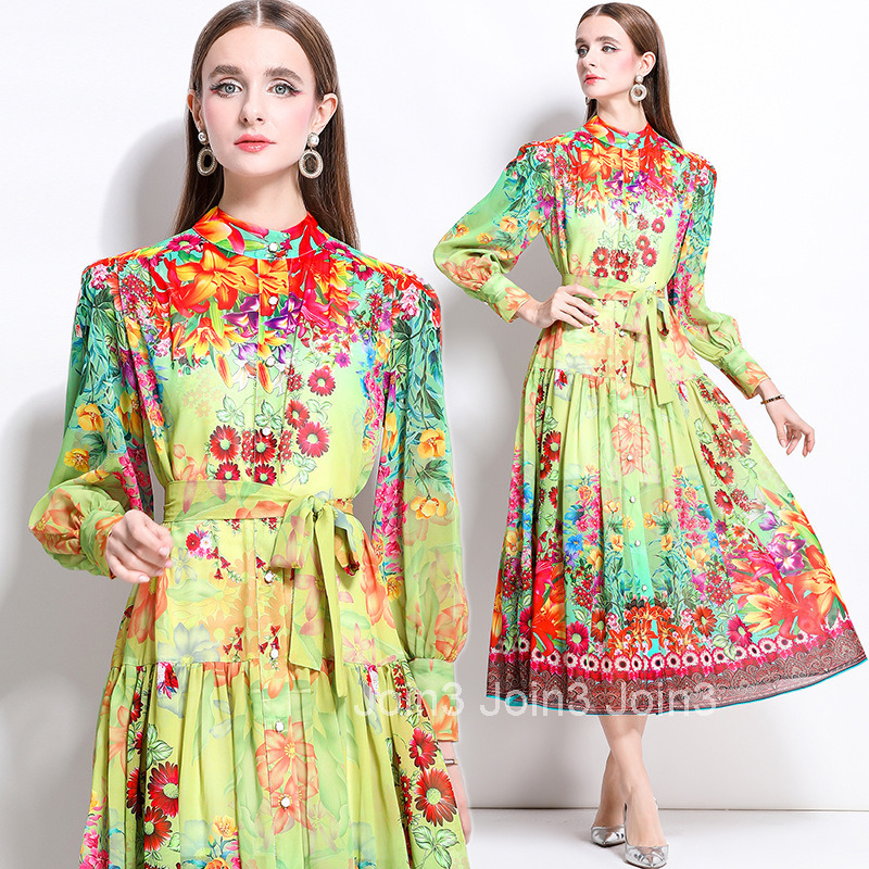 1247 Spring Summer New Chiffon Stand Collar Lantern Sleeve Printed Long Dress