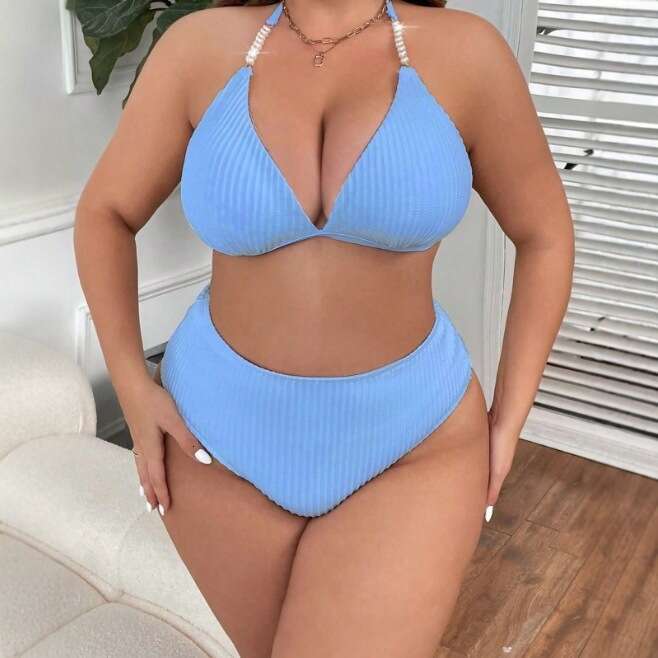 2025 New Style Spaghetti Strap Backless Plus Size Swimsuit Women Solid Color High Waist Sexy Bikini Two-Piece Swimwear